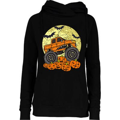 Monster Truck Halloween Jack O Lantern Moon Pumpkin Womens Funnel Neck Pullover Hood