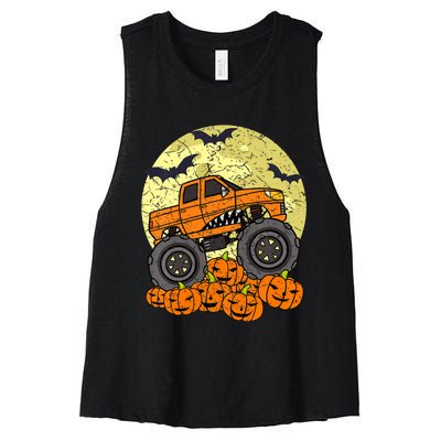 Monster Truck Halloween Jack O Lantern Moon Pumpkin Women's Racerback Cropped Tank