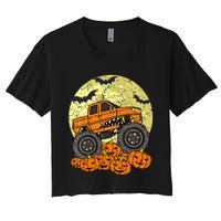 Monster Truck Halloween Jack O Lantern Moon Pumpkin Women's Crop Top Tee