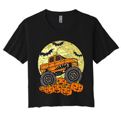 Monster Truck Halloween Jack O Lantern Moon Pumpkin Women's Crop Top Tee