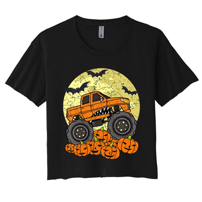 Monster Truck Halloween Jack O Lantern Moon Pumpkin Women's Crop Top Tee