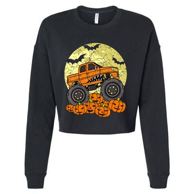 Monster Truck Halloween Jack O Lantern Moon Pumpkin Cropped Pullover Crew