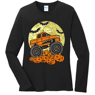 Monster Truck Halloween Jack O Lantern Moon Pumpkin Ladies Long Sleeve Shirt