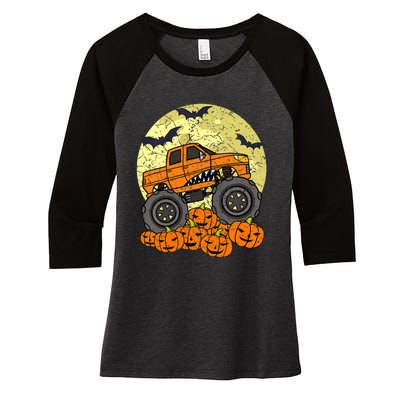 Monster Truck Halloween Jack O Lantern Moon Pumpkin Women's Tri-Blend 3/4-Sleeve Raglan Shirt