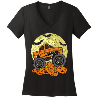 Monster Truck Halloween Jack O Lantern Moon Pumpkin Women's V-Neck T-Shirt