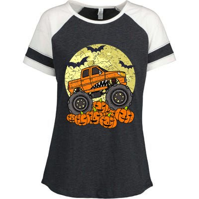 Monster Truck Halloween Jack O Lantern Moon Pumpkin Enza Ladies Jersey Colorblock Tee