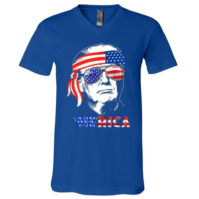 Merica Trump Happy 4th Of July Trump American Flag Gift V-Neck T-Shirt