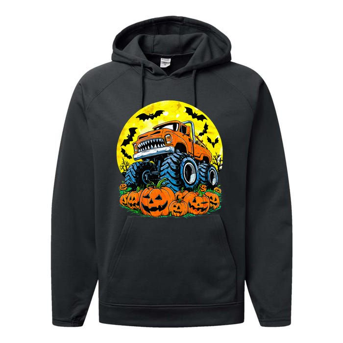 Monster Truck Halloween Jack O Lantern Moon Pumpkin Performance Fleece Hoodie