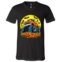 Monster Truck Halloween Jack O Lantern Moon Pumpkin V-Neck T-Shirt