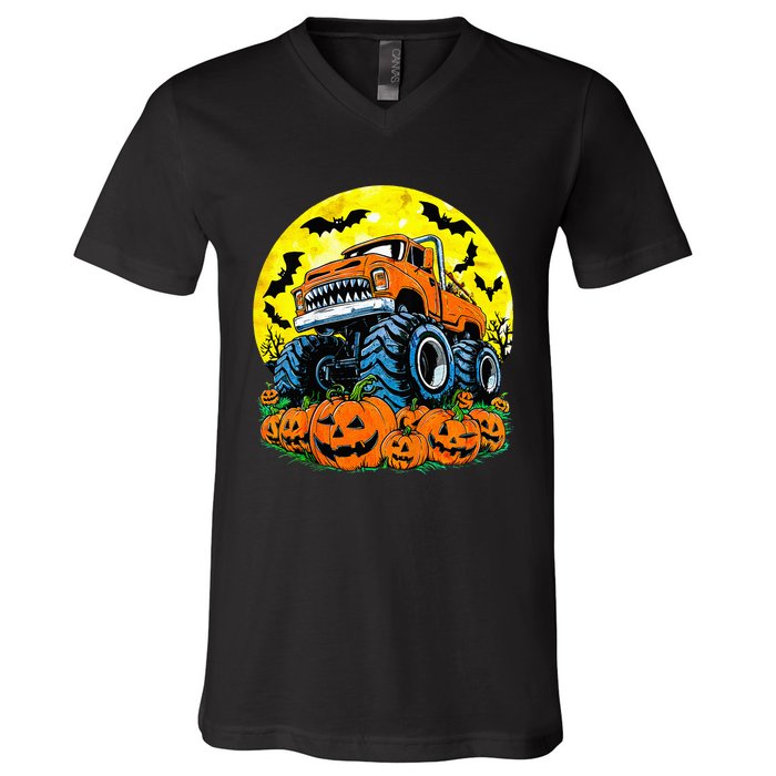 Monster Truck Halloween Jack O Lantern Moon Pumpkin V-Neck T-Shirt