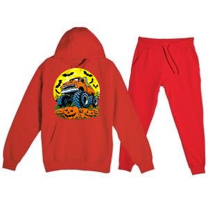 Monster Truck Halloween Jack O Lantern Moon Pumpkin Premium Hooded Sweatsuit Set