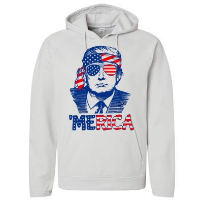 Merica Trump Happy 4th Of July Trump American Flag Fun Performance Fleece Hoodie