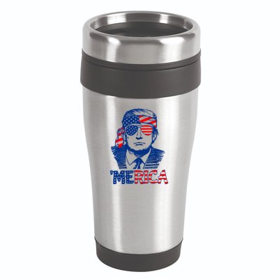 Merica Trump Happy 4th Of July Trump American Flag Fun 16oz Travel Tumbler