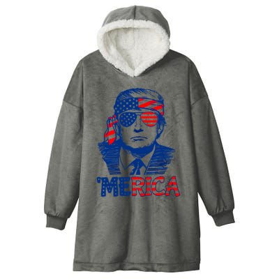 Merica Trump Happy 4th Of July Trump American Flag Fun Hooded Wearable Blanket