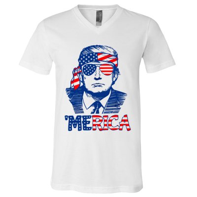 Merica Trump Happy 4th Of July Trump American Flag Fun V-Neck T-Shirt