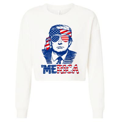 Merica Trump Happy 4th Of July Trump American Flag Fun Cropped Pullover Crew