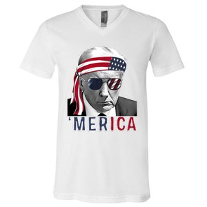 Merica Trump Happy 4th Of July Trump American Flag Usa V-Neck T-Shirt