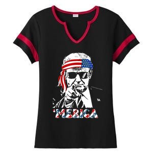 Merica Trump Happy 4th Of July Trump American Flag Ladies Halftime Notch Neck Tee