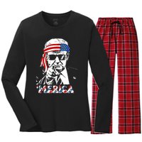 Merica Trump Happy 4th Of July Trump American Flag Women's Long Sleeve Flannel Pajama Set 