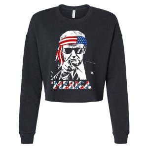 Merica Trump Happy 4th Of July Trump American Flag Cropped Pullover Crew