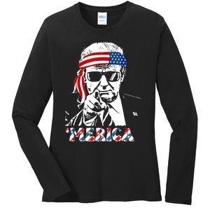 Merica Trump Happy 4th Of July Trump American Flag Ladies Long Sleeve Shirt