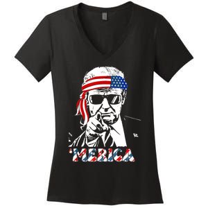 Merica Trump Happy 4th Of July Trump American Flag Women's V-Neck T-Shirt