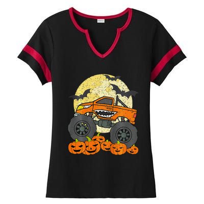 Monster Truck Halloween Jack O Lantern Moon Pumpkin Ladies Halftime Notch Neck Tee