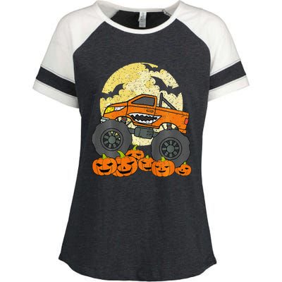 Monster Truck Halloween Jack O Lantern Moon Pumpkin Enza Ladies Jersey Colorblock Tee