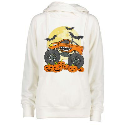 Monster Truck Halloween Jack O Lantern Moon Pumpkin Womens Funnel Neck Pullover Hood