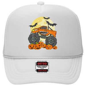 Monster Truck Halloween Jack O Lantern Moon Pumpkin High Crown Mesh Back Trucker Hat