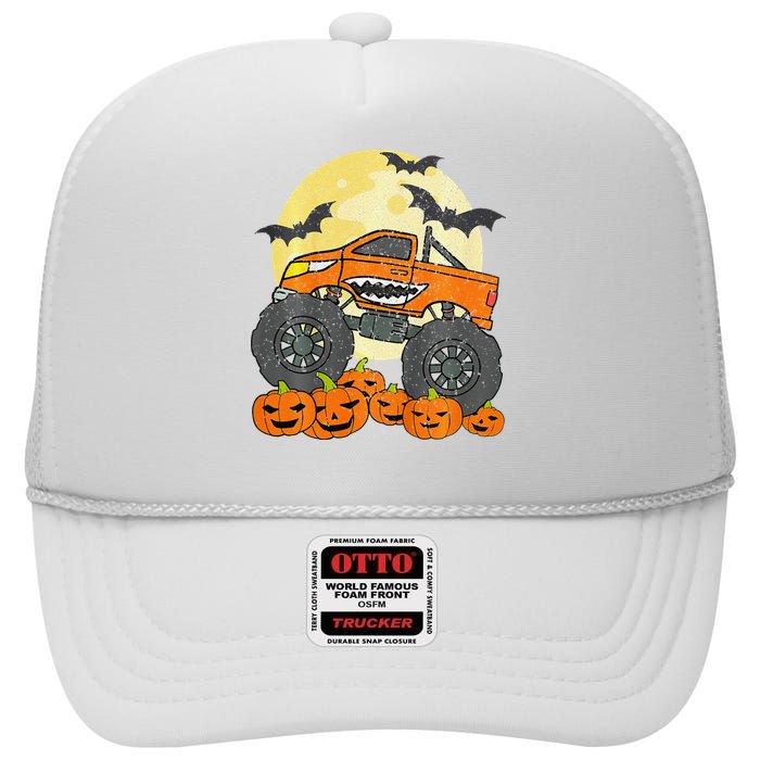 Monster Truck Halloween Jack O Lantern Moon Pumpkin High Crown Mesh Back Trucker Hat