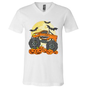 Monster Truck Halloween Jack O Lantern Moon Pumpkin V-Neck T-Shirt