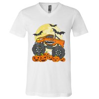 Monster Truck Halloween Jack O Lantern Moon Pumpkin V-Neck T-Shirt