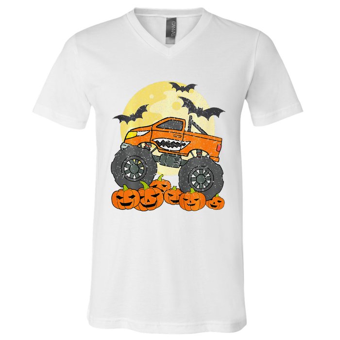 Monster Truck Halloween Jack O Lantern Moon Pumpkin V-Neck T-Shirt