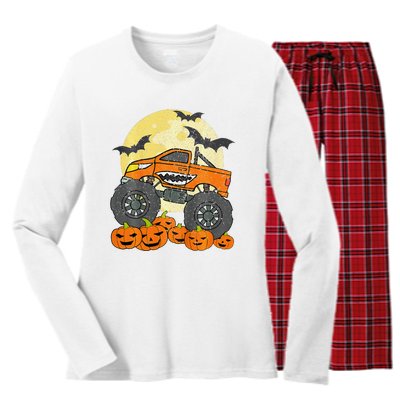 Monster Truck Halloween Jack O Lantern Moon Pumpkin Women's Long Sleeve Flannel Pajama Set 