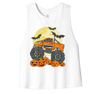 Monster Truck Halloween Jack O Lantern Moon Pumpkin Women's Racerback Cropped Tank