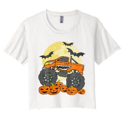 Monster Truck Halloween Jack O Lantern Moon Pumpkin Women's Crop Top Tee