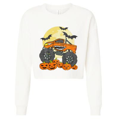 Monster Truck Halloween Jack O Lantern Moon Pumpkin Cropped Pullover Crew