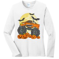 Monster Truck Halloween Jack O Lantern Moon Pumpkin Ladies Long Sleeve Shirt