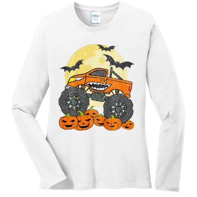 Monster Truck Halloween Jack O Lantern Moon Pumpkin Ladies Long Sleeve Shirt