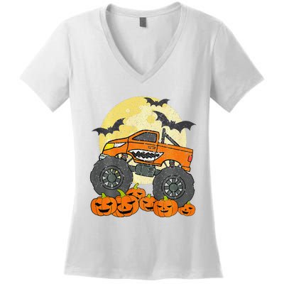 Monster Truck Halloween Jack O Lantern Moon Pumpkin Women's V-Neck T-Shirt