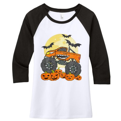 Monster Truck Halloween Jack O Lantern Moon Pumpkin Women's Tri-Blend 3/4-Sleeve Raglan Shirt