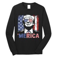 Merica Trump Happy 4th Of July Trump American Flag Long Sleeve Shirt