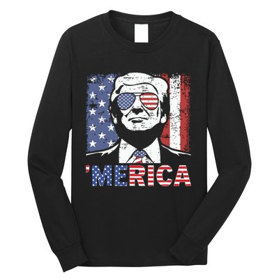 Merica Trump Happy 4th Of July Trump American Flag Long Sleeve Shirt