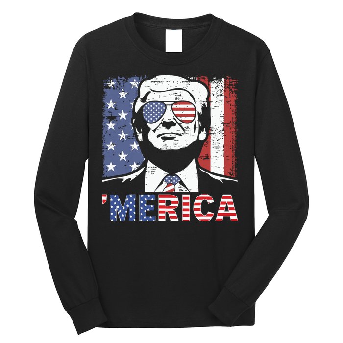 Merica Trump Happy 4th Of July Trump American Flag Long Sleeve Shirt