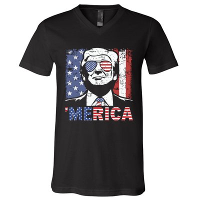 Merica Trump Happy 4th Of July Trump American Flag V-Neck T-Shirt