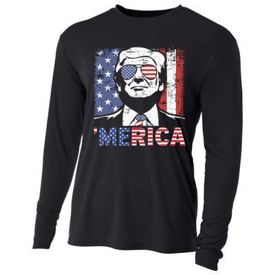 Merica Trump Happy 4th Of July Trump American Flag Cooling Performance Long Sleeve Crew