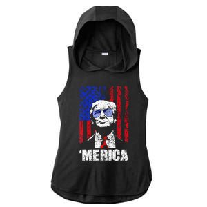 Merica Trump Happy 4th Of July Trump American Flag Ladies PosiCharge Tri-Blend Wicking Draft Hoodie Tank