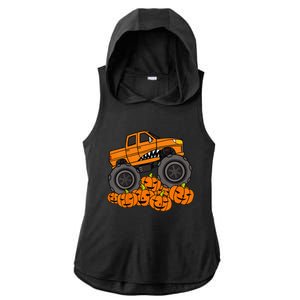 Monster Truck Halloween Jack O Lantern Pumpkin Ladies PosiCharge Tri-Blend Wicking Draft Hoodie Tank