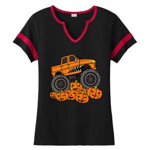 Monster Truck Halloween Jack O Lantern Pumpkin Ladies Halftime Notch Neck Tee